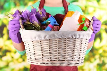 Housewife holding basket with cleaning equipment on bright background. Conceptual photo of spring cleaning. 